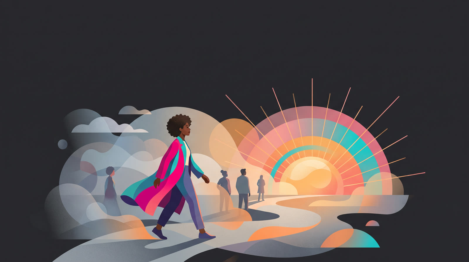 Illustration of a woman walking forward out of fog into a bright sunrise, moving from uncertainty into clarity.
