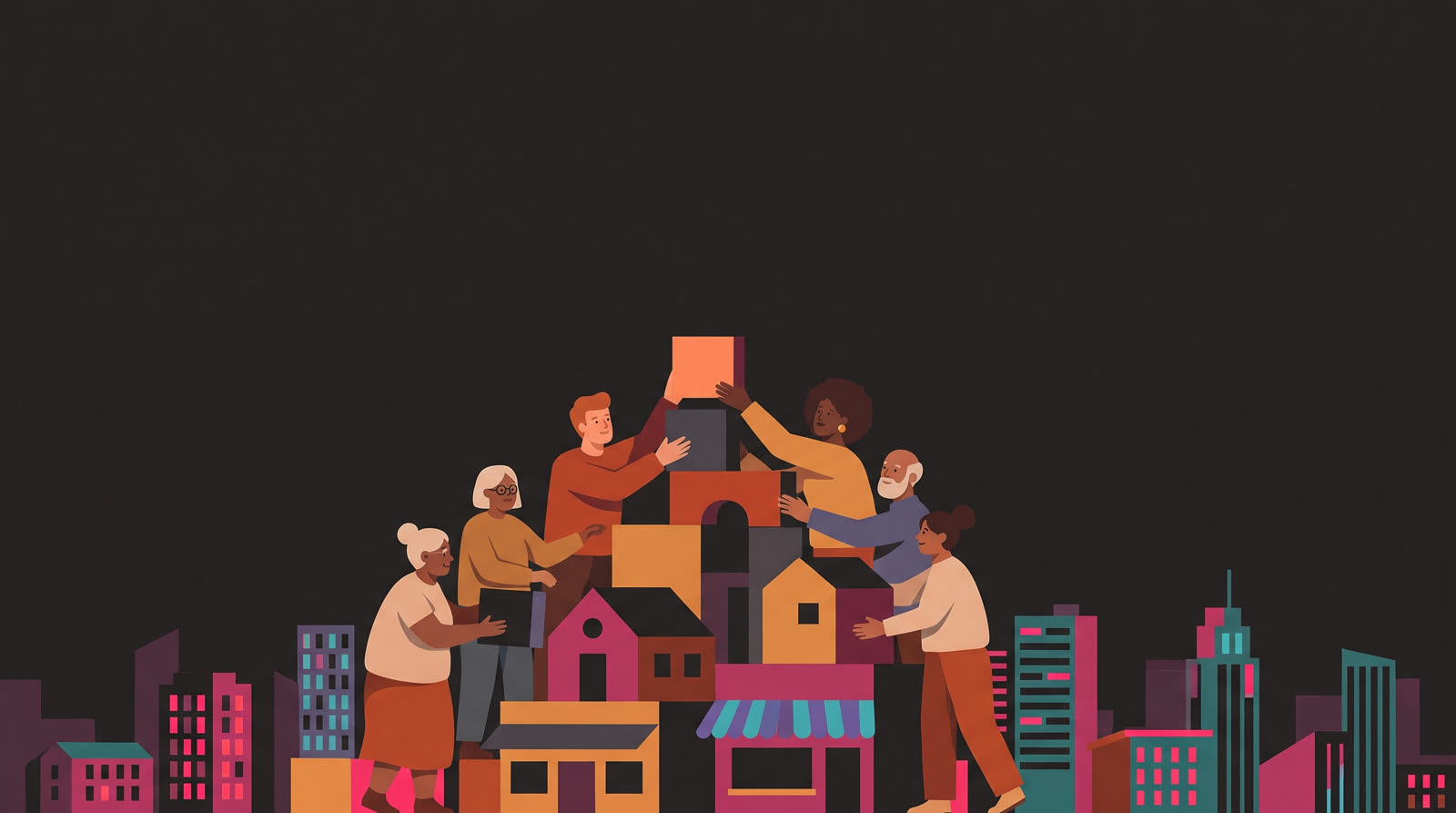 Illustration of a diverse group building a foundation of homes and small businesses together.