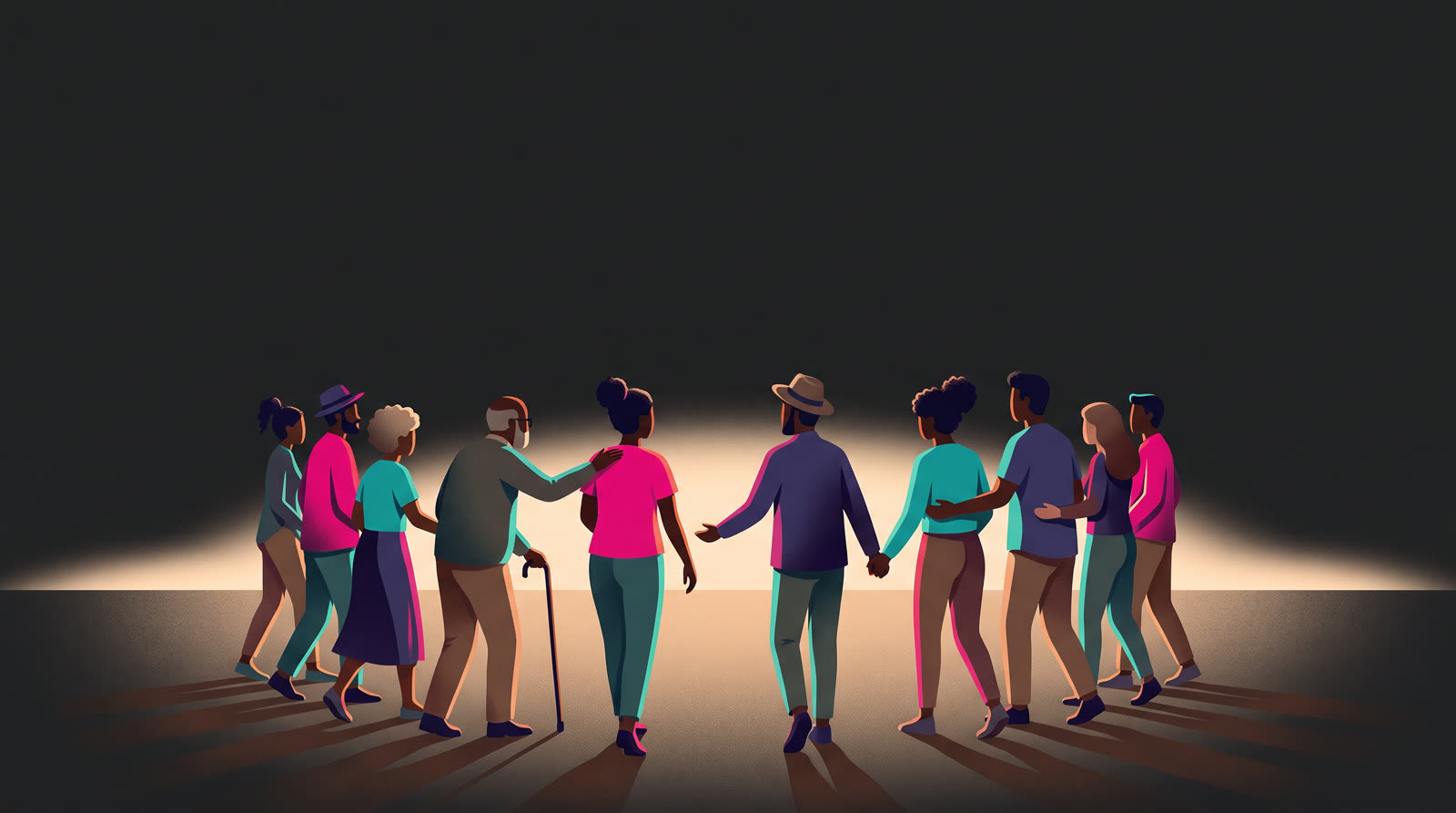Illustration of a diverse community walking forward together and supporting one another.
