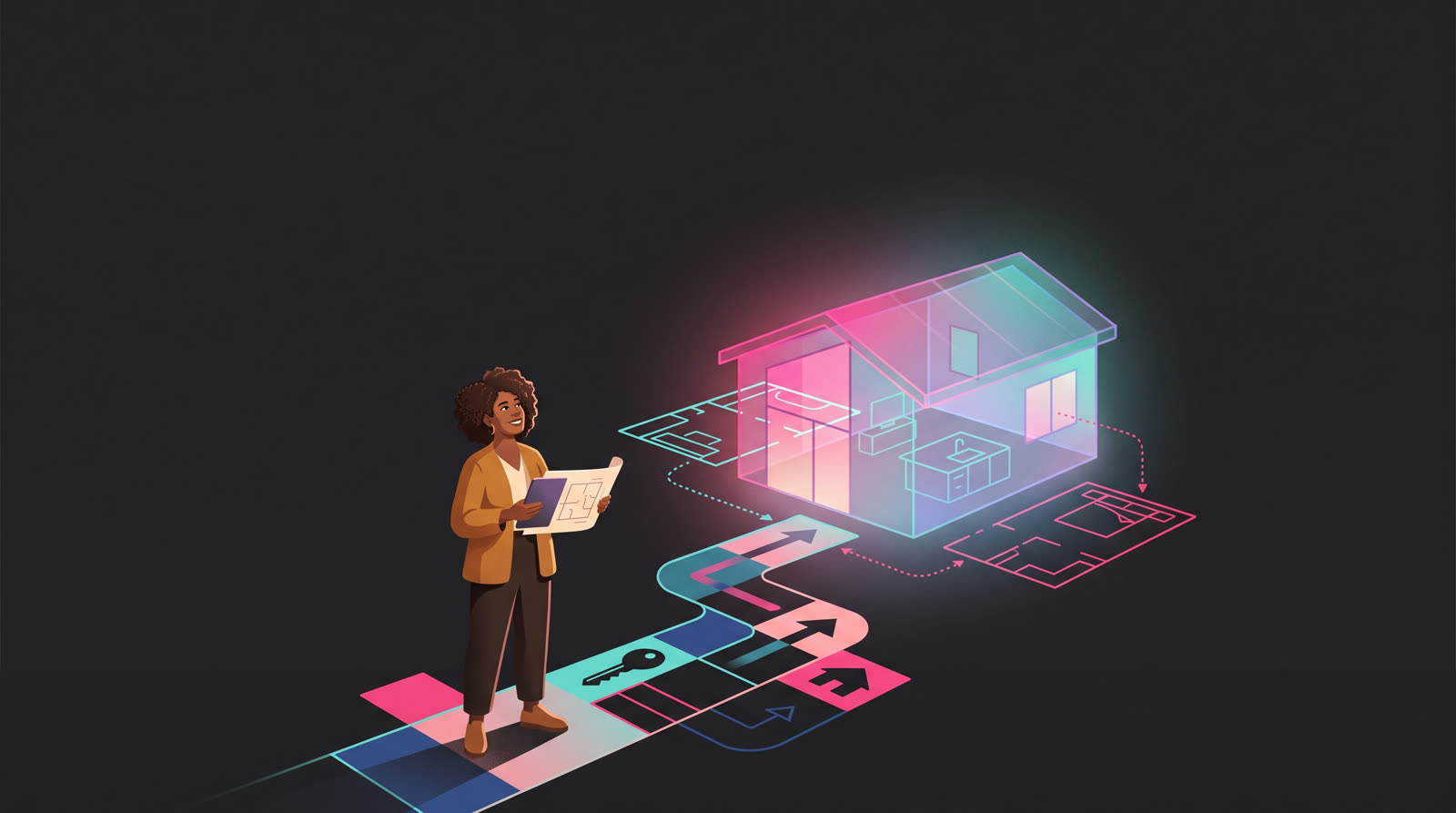 Illustration of a first-time homebuyer imagining a glowing future home and reviewing a floor plan.