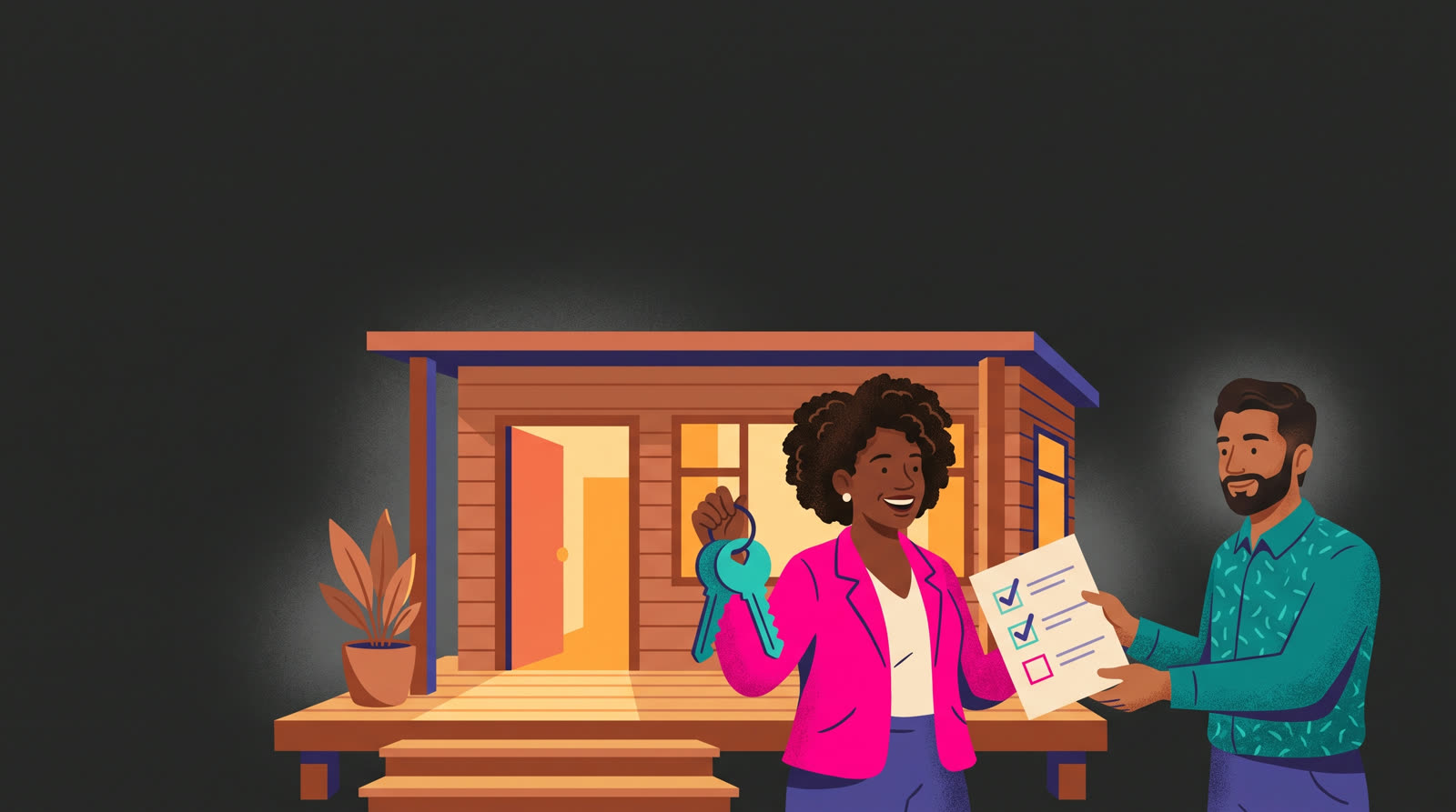 Illustration of a joyful first-time homeowner holding keys while a coach hands over a step-by-step plan.